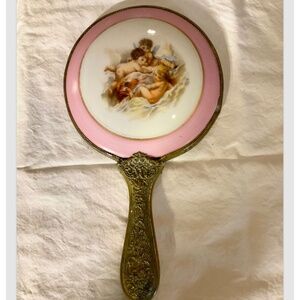 Art Nouveau Angels Cherubs Hand Mirror Pink Rim Brass Handle Vintage Antique 9”